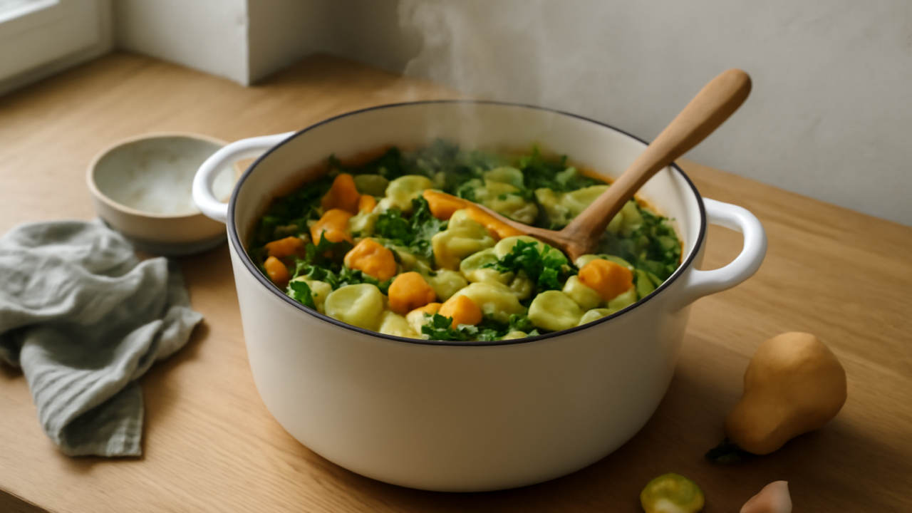 Ét-grydes pasta med efterårsgrønt: alt i samme gryde
